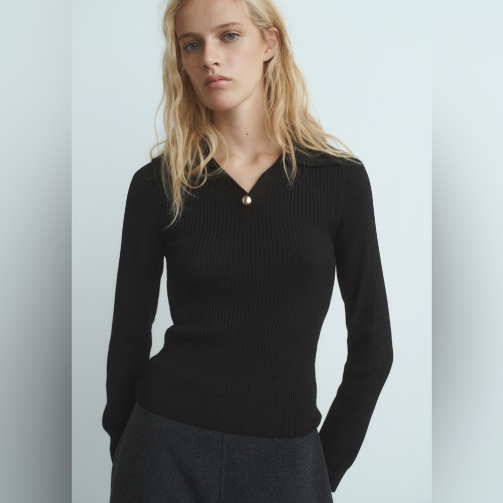Mango Black Ribbed Long-Sleeve Sweater with Pearl Button